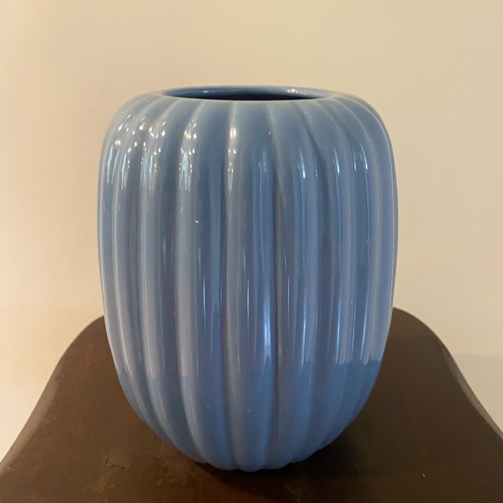 VINTAGE Ribbed 8.5” Vase glossy soft dusty blue with an MCM style